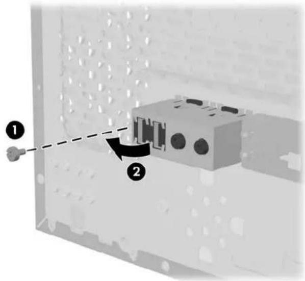 Diagram showing a mechanical assembly with labeled parts and directional arrows, likely illustrating a motion or assembly process.