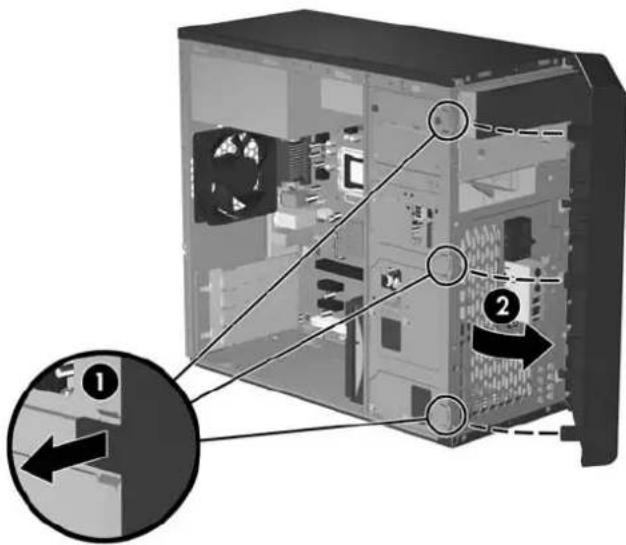 Diagram of a computer tower internal structure with numbered annotations indicating component locations