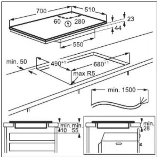 700 510 60 280 44 23 550 min. 50 490°¹ max R5 680°¹ min. 1500 min. min. 10 55 min. 28