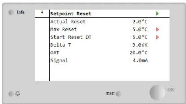 Info 4 Setpoint Reset Actual Reset 2.0°C Max Reset 5.0°C ▶ Start Reset DT 5.0°C ▶ Delta T 3.0dK OAT 20.0°C Signal 4.0mA