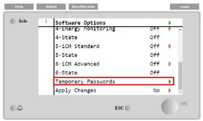 Home Refresh Show/Side Icon Info 1 Software Options 4-Energy Monitoring Off 4-State Off 5-iCM Standard Off 5-State Off 6-iCM Advanced Off 6-State Off Temporary Passwords Apply Changes No ESC OK