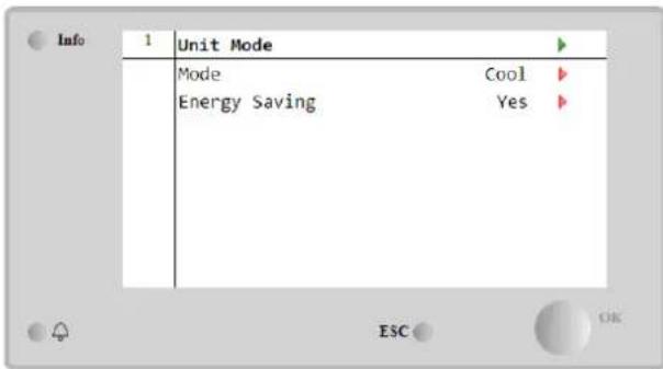Info 1 Unit Mode Mode Cool Energy Saving Yes ESC OK
