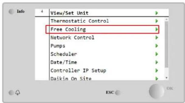 Info 4 View/Set Unit Thermostatic Control Free Cooling Network Control Pumps Scheduler Date/Time Controller IP Setup Daikin On Site ESC OK