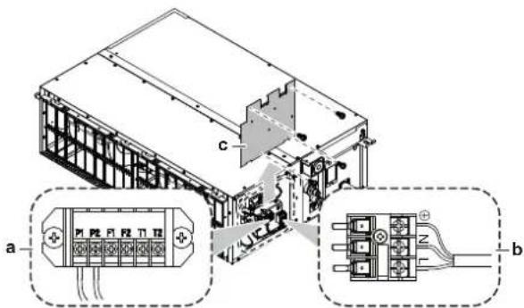 Technical diagram of an electronic device with labeled components and wiring connections, showing internal structure and terminal layout.