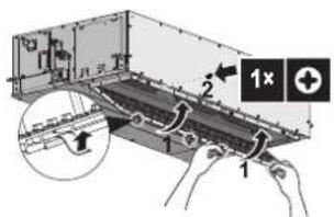 Diagram illustrating a mechanical assembly with labeled parts and directional arrows, including a 1x magnified view.
