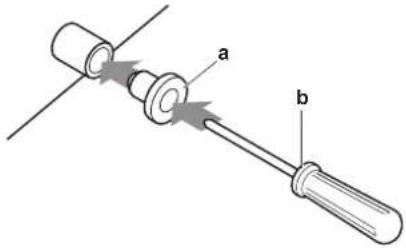 Diagram showing a mechanical assembly with labeled parts 'a' and 'b', likely illustrating a tool or component assembly.