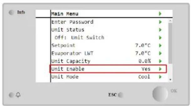 Info Main Menu Enter Password Unit Status Off: Unit Switch Setpoint 7.0°C Evaporator LWT 7.0°C Unit Capacity 0.0% Unit Enable Yes Unit Mode Cool