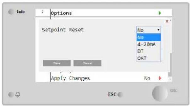 Info 2 Options Setpoint Reset Save Cancel Apply Changes No No 4 - 20mA DT OAT ESC OK