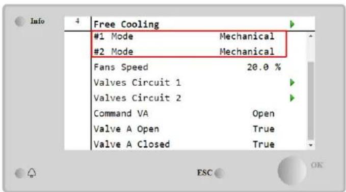 Info 4 Free Cooling #1 Mode Mechanical #2 Mode Mechanical Fans Speed 20.0 % Valves Circuit 1 Valves Circuit 2 Command VA Open Valve A Open True Valve A Closed True