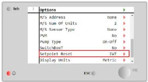 Info 1 Options M/S Address None M/S Num Of Units 2 M/S Sensor Type None PVM No Pump Type On-Off SwitchBoxT No Setpoint Reset EWT Display Units Metric ESC OK