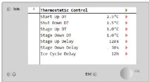 Info 4 Thermostatic Control Start Up DT 2.5°C Shut Down DT 1.5°C Stage Up DT 1.0°C Stage Down DT 1.0°C Stage Up Delay 120s Stage Down Delay . 30s Ice Cycle Delay 12h