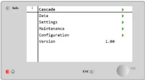 Info 1 Cascade Data Settings Maintenance Configuration Version 1.00 ESC OK
