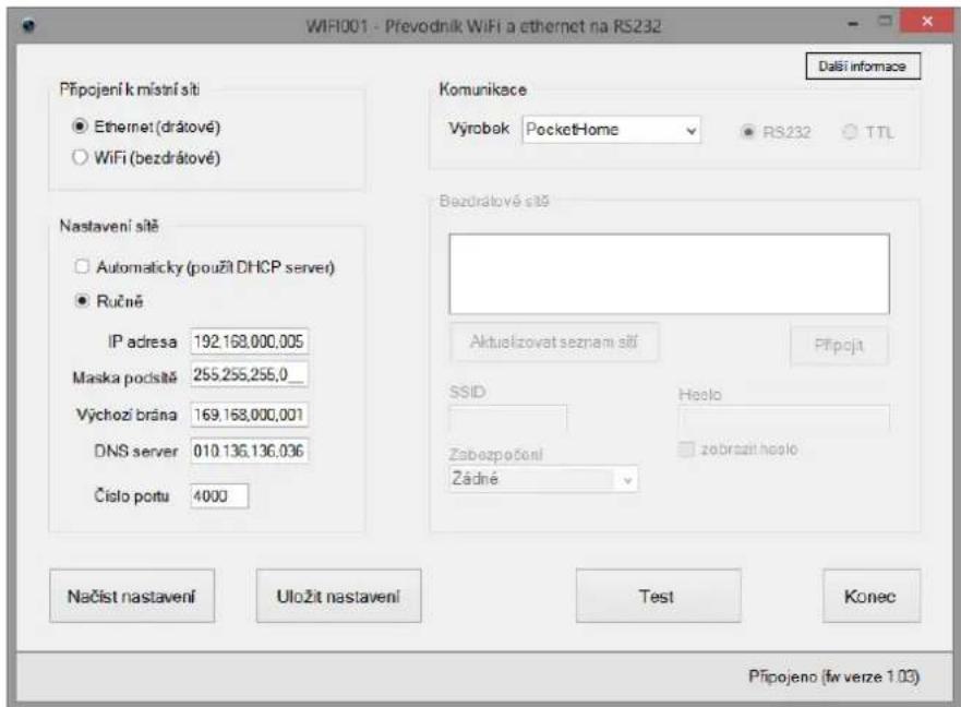 WIFI001 - Převodník WiFi a ethernet na RS232 Přípojení k místní sítí Ethernet (drátové) WiFi (bezdrátové) Nastavení sítě Automaticky (použit DHCP server) Ručné IP adresa 192.168.000,005 Maska podstě 255.255.255,0_ Výchozi brána 169.168.000,001 DNS server 010.136.136.036 Číslo portu 4000 Komunikace V…