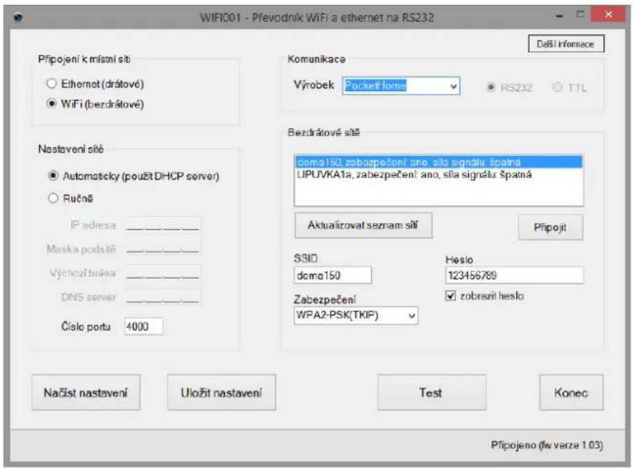WIFI001 - Převodník WiFi a ethernet na RS232 Připojení k místní sítí Ethernet (drátové) WiFi (berdrátové) Nastavení sílé Automaticy (použit DHCP server) Ručně IP adresa ____ Meska podstílé ____ Výchouž biřana ____ DNS server ____ Číslo portu 4000 Komunikace Výrobek Pocketiforme RS232 TTL Bezdrátové…