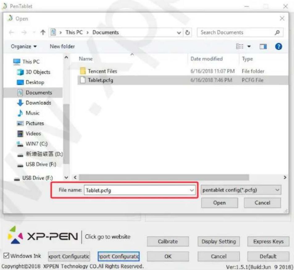 PenTablet Open This PC > Documents Search Documents Organize ▼ New folder Name Date modified Type Tencent Files 6/16/2018 11:07 PM File folder Tablet.pcfg 6/16/2018 7:46 PM PCFG File File name: Tablet.pcfg pentablet config(*.pcfg) Open Cancel XP-PEN Click go to website Calibrate Display Setting Express Keys Windows Ink xport Configuratic nport Configuratic OK Cancel Default Copyright©2018 XPPEN Technology CO.All Rights Reserved. Ver:1.5.1 (Build:Jun 9 2018)
