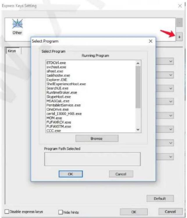 Express Keys Setting Other Select Program Key Select Program Running Program ETDCtrl.exe svchost.exe sihost.exe taskhostw.exe Explorer_DNE ShellExperienceHost.exe SearchUL.exe RuntimeBroker.exe SkypeHost.exe MSASCuii.exe PentabletService.exe OneDrive.exe certd_j3000_HXB.exe MOM.exe FUFAXRCV.exe FUJAXSTM.exe CCC.exe Browse Program Path Selected OK Cancel Default Disable express keys hide hints OK Cancel