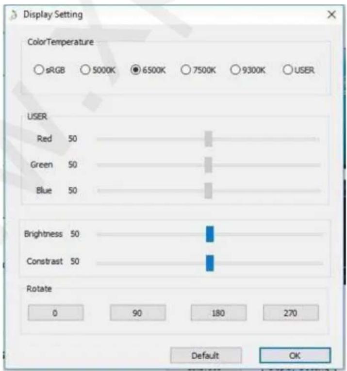 Display Setting Color Temperature sRGB 5000K 6500K 7500K 9300K USER USER Red 50 Green 50 Blue 50 Brightness 50 Constraint 50 Rotate 0 90 180 270 Default OK