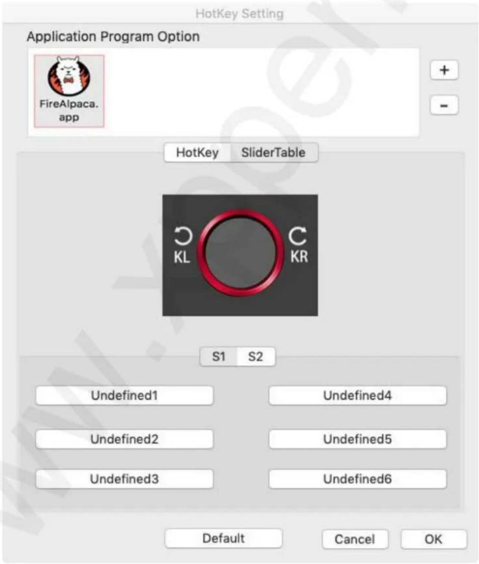 HotKey Setting Application Program Option FireAlpaca. app HotKey SliderTable KL C KR S1 S2 Undefined1 Undefined4 Undefined2 Undefined5 Undefined3 Undefined6 Default Cancel OK