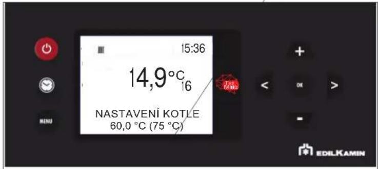 15:36 14,9°C 16 NASTAVENÍ KOTLE 60,0 °C (75 °C) MENU EDILKAMIN