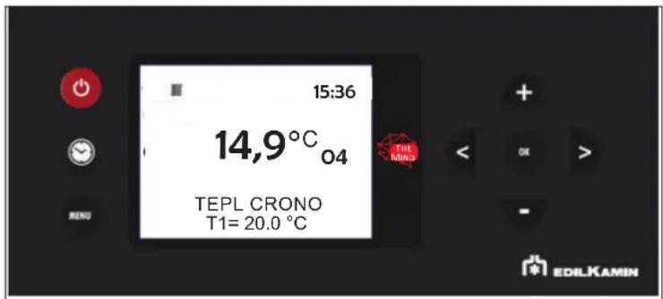 15:36 14,9°C O4 TEPL CRONO T1= 20.0 °C THE MIND MENU + - OK > EDILKAMIN