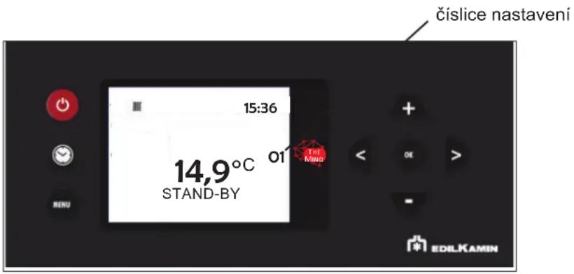 číslice nastavení 15:36 14,9°C STAND-BY 01 THE MIND + - OK > - EDILKAMIN