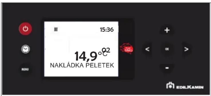 15:36 14,9°C² NAKLÁDKA PELETEK THE MIND MENU + - OK EDILKAMIN
