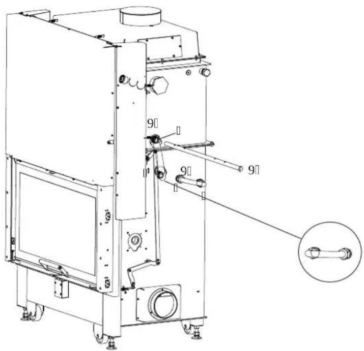 Technical diagram of a mechanical device with labeled parts and an inset view showing a knob component.