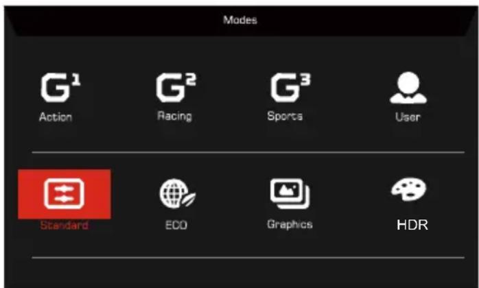 Modes G¹ Action G² Racing G³ Sports User Standard ECO Graphics HDR