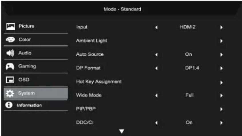 Mode - Standard Picture Input HDMI2 Color Ambient Light Audio Auto Source On Gaming DP Format DP1.4 OSD Hot Key Assignment System Wide Mode Full Information PIP/PBP DDC/CI On