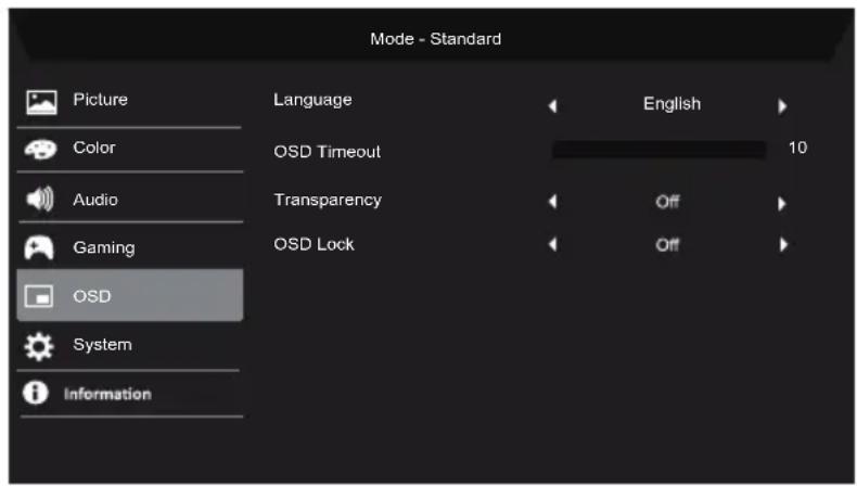 Mode - Standard Picture Color Audio Gaming OSD System Information Language OSD Timeout Transparency OSD Lock English 10 Off Off