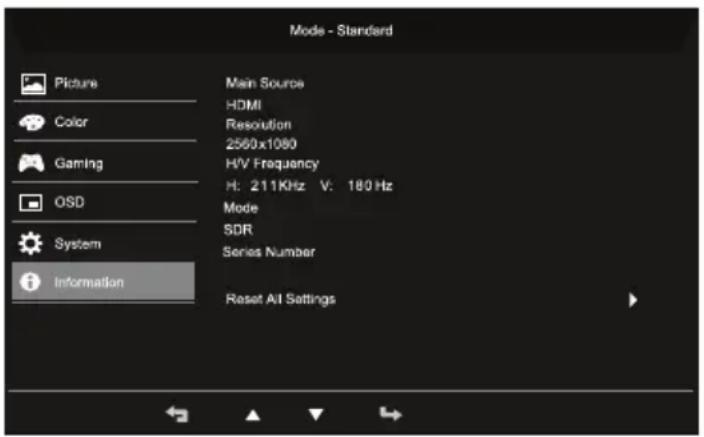 Mode - Standard Picture Color Gaming OSD System Information Main Source HDMI Resolution 2560x1080 H/V Frequency H: 211KHz V: 180 Hz Mode SDR Series Number Reset AI Settings