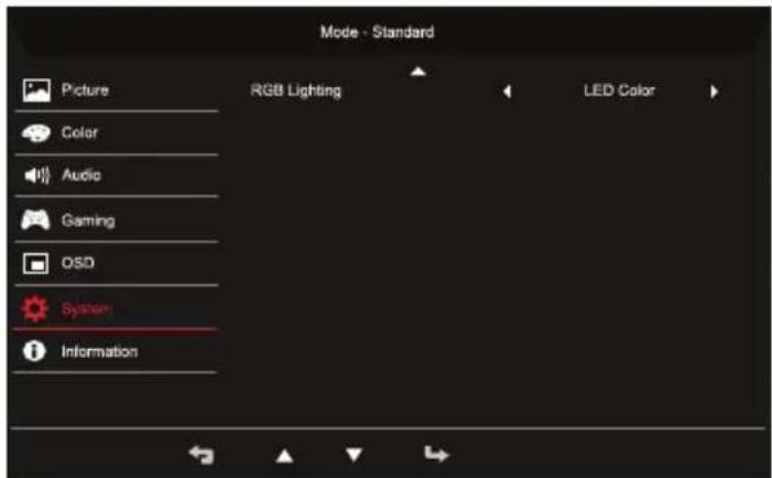Mode - Standard Picture Color Audio Gaming OSD System Information RGB Lighting LED Color