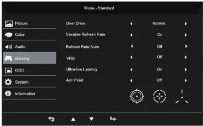 Mode - Standard Picture Color Audio Gaming OSD System Information Over Drive Variable Refresh Rate Refresh Rate Num VR3 Ultra-low Latency Aim Point Normal On Off Off On Off
