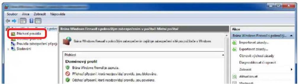 Soubor Akce Zobrazit Napovéda Príchozí pravída Pravída zabezpečení přípoj Stedování Brána Windows Firewall s pokročým zabezpečením v počítací Mistai pořítač Brána Windows Firewall s pokročým zabezpečením rejátuje zabezpečení stě pro počítace s Windows Príchod Doměnový profil Brána Windows Firewall je zaņuta. Příchozí připojení, která neodpovídaj pravítů jsou blokována. Odochozí připojení, která neodpovídaj pravodu jsou povokens. Akce Brána Windows Firewall s pokročýj... Importovat zásady... Exportovat zásady... Obnovit výchnoči zásady Diagnostikovat či opravit Zobrazit Aktualizovat Vlastovat