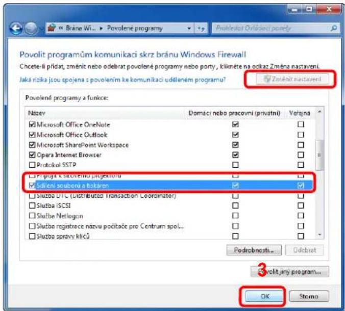 Povolit programům komunikaci skrz bránu Windows Firewall Chcete-li přidat, změnit nebo odebrat povolené programy nebo porty, klikněte na odkaz Změna nastavení. Jaká rizika jsou spojena z povolením ke komunikaci udtleném programu? Změnit nastavení Povolené programy a funkce: Název Domácí nebo pracovní (privatní) Verajná Microsoft Office OneNote Microsoft Office Outlook Microsoft SharePoint Workspace Opera Internet Browser Protocol SSTP Prýjut k svostřeňu jugekoviťa Síděni souboru a boktárn Sluzba UTC (Distributed Transaction Coordinator) Sluzba iSCSI Sluzba Netlogon Sluzba registrece názvu počitače pro Centrum spol... Sluzba správy kličů Podrobnosti... Odebrat 2 volit jiny program... OK Storno