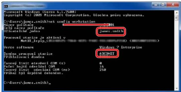 Microsoft Windows [Uverso 6.1.7500] Copyright (<) 2009 Microsoft Corporation. Všechna práva vyhrazena. C:\Users\james.smith>net config workstation Název posítáce Celő název posítáce Užvatelské jméno James.smith Pracouní stanice je aktivní v NetBI_Topip_ Verze softwaru Windows ? Enterprise Doména pracovní stanice TFIhlášuvaci domena ABCOMET Casový limit atevření COM (s) Počet bajtů odeslání COM Casový limit odeslání COM (ms) Příkas byl úspěné dokončen. C:\Users\james.smith>_
