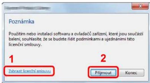 Poznámka Použitím nebo instalaci softwaru a ovladačů zařizení, které jsou součástí balení, souhlasite, že se budete řidit podminkami a ujednánimi této licenční smlouvy. 1 Zebrazit licenční smlovyu 2 Příjmout Konec