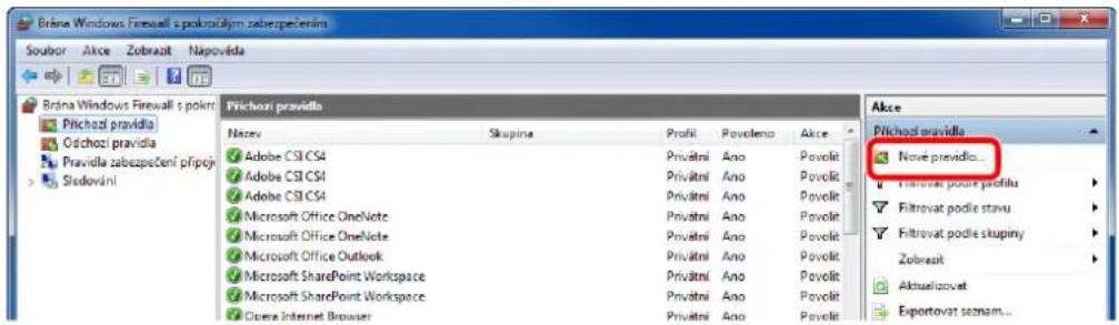 Brana Windows Firewall s pokrocikym zabezpečením Soubor Akce Zobrazit Napovéda Brana Windows Firewall s pokr: Příchozi pravidla Oschozi pravidla Pravidla zabezpečení přípoj Studováni Přichoni pravidla Název Skupina Profil Povoleno Akce Adobe CSI CS4 Privatní Ano Povolit Adobe CSI CS4 Privatní Ano Povolit Adobe CSI CS4 Privatní Ano Povolit Microsoft Office OneNote Privatní Ano Povolit Microsoft Office OneNote Privatní Ano Povolit Microsoft Office Outlook Privatní Ano Povolit Microsoft SharePoint Workspace Privatní Ano Povolit Microsoft SharePoint Workspace Privatní Ano Povolit Open Internet Browser Privatní Ano Povolit Přichod oravidla Nové previdlo... Filtrovat podle profilu Filtrovat podle stavu Filtrovat podle skupiny Zobrazit Aktualizovat Exportovat scenam...