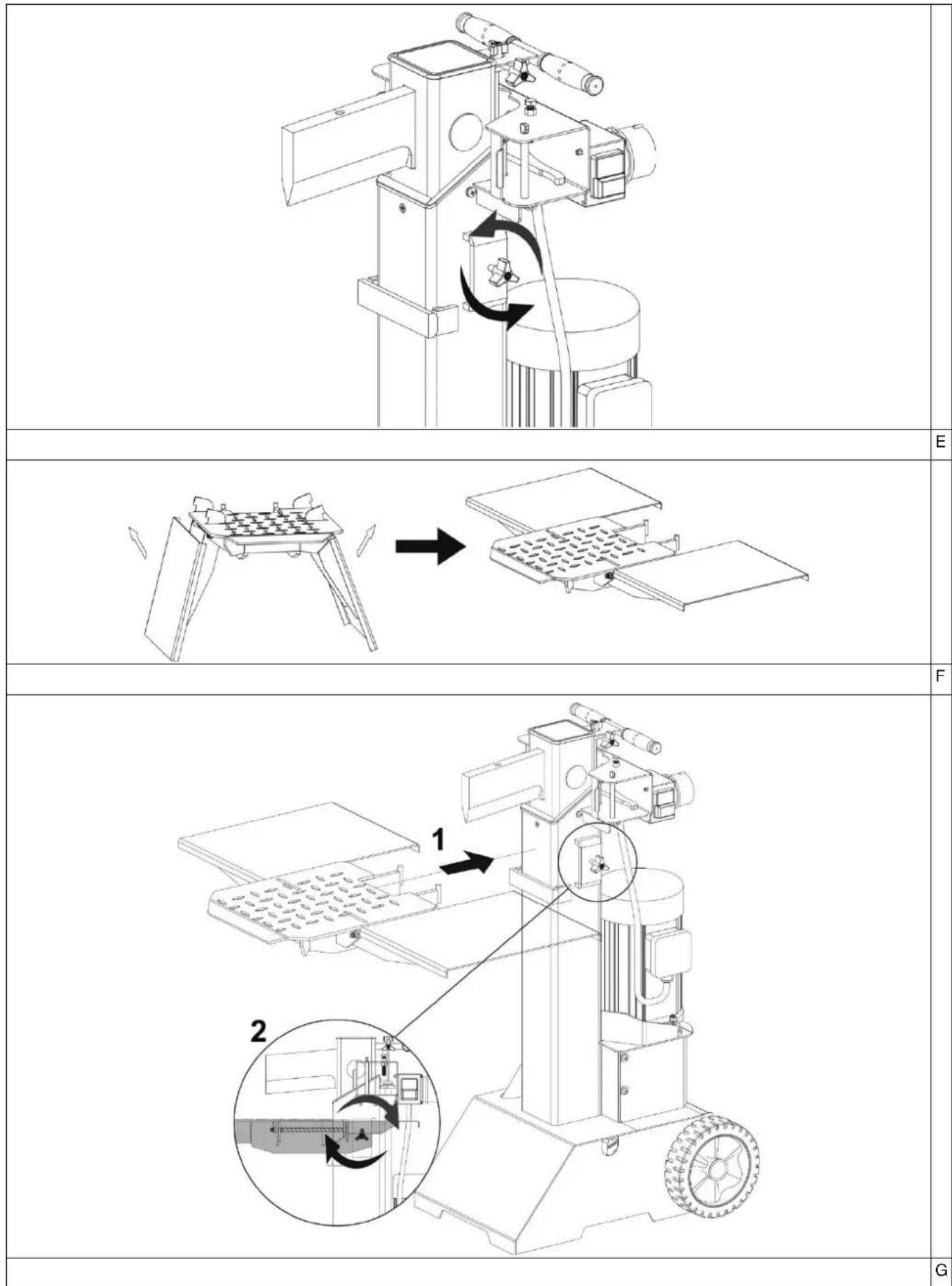 Technical diagram showing three sequential steps of a machine operation, labeled E, F, and G.