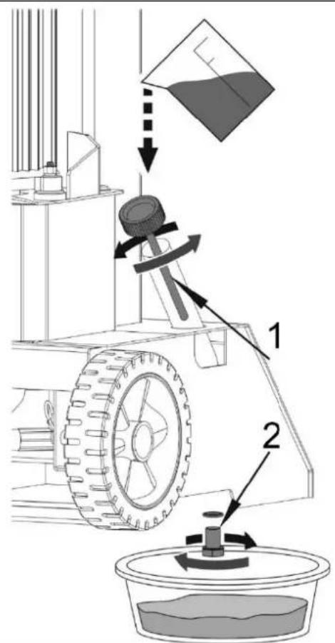Diagram illustrating a mechanical process with labeled components, including a tool and a container with fluid.