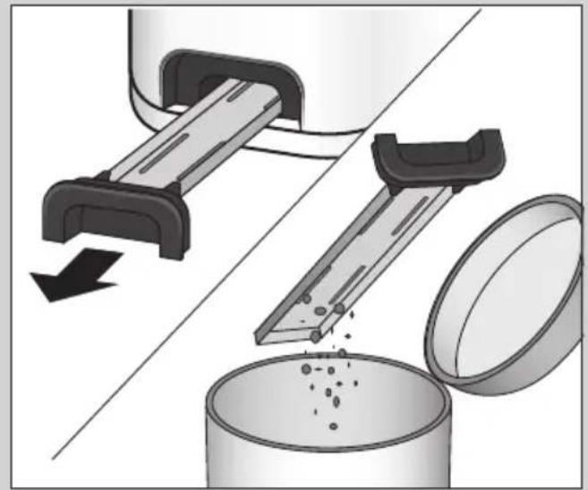 Illustration of a kitchen grater being poured into a container with a downward arrow indicating flow (no text or symbols)