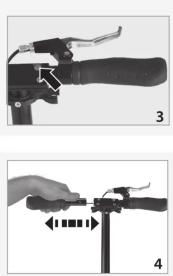 Two-step diagram showing a hand operating a mechanical device with a handle and lever, labeled 3 and 4 (no text or symbols on the device itself)