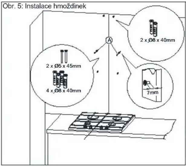 Obr. 5: Instalace hmoždinek 2 x Ø8 x 40mm 2 x Ø5 x 45mm 4 x Ø8 x 40mm 7mm