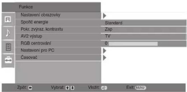 Funkce Nastavení obrazovky Spoňč energie Pokr. zvýraz. kontrastu AV2 výstup RGB centrování Nastavení pro PC Časovač Standard Zap TV 0 Zpět Vybrat: Vložit: Exit: MENU