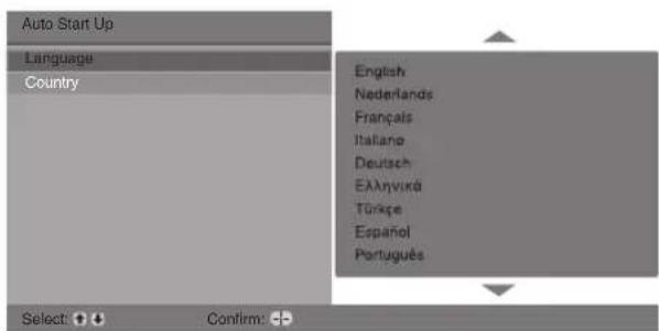 Auto Start Up Language Country English Nederlands Français Italiano Deutsch Eλληνικά Türkçe Español Português Select: Ⓧ Confirm: -