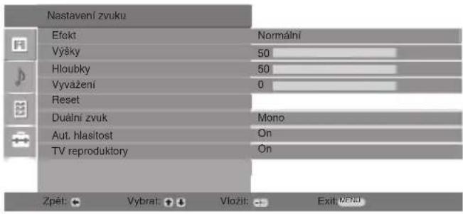 Nastavení zvuku Efekt Výšky Hloubky Vyvažení Reset Duální zvuk Aut. hlasítost TV reproduktory Normální 50 50 0 Mono On On Zpět Vybrát Vložit Exit (PEN)