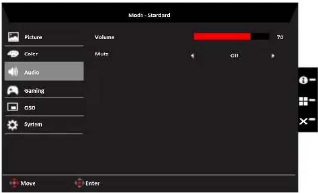 Mode - Standard Picture Volume 70 Color Mute Off Audio Gaming OSD System Move Enter