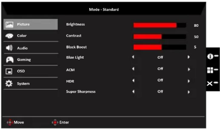 Mode - Standard Picture Brightness 80 Color Contrast 50 Audio Black Boost 5 Gaming Blue Light Off ACM Off OSD HDR Off System Super Sharpness Off Move Enter