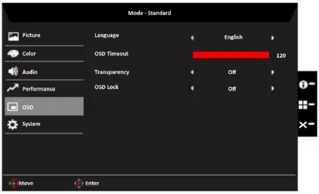 Mode - Standard Picture Color Audio Performance OSD System Language OSD Timeout Transparency OSD Lock English 120 Off Off Move Enter