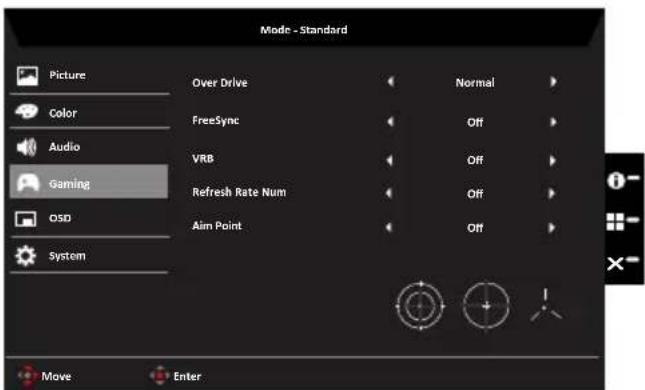 Mode - Standard Picture Color Audio Gaming OSD System Over Drive FreeSync VRB Refresh Rate Num Aim Point Normal Off Off Off Off Move Enter